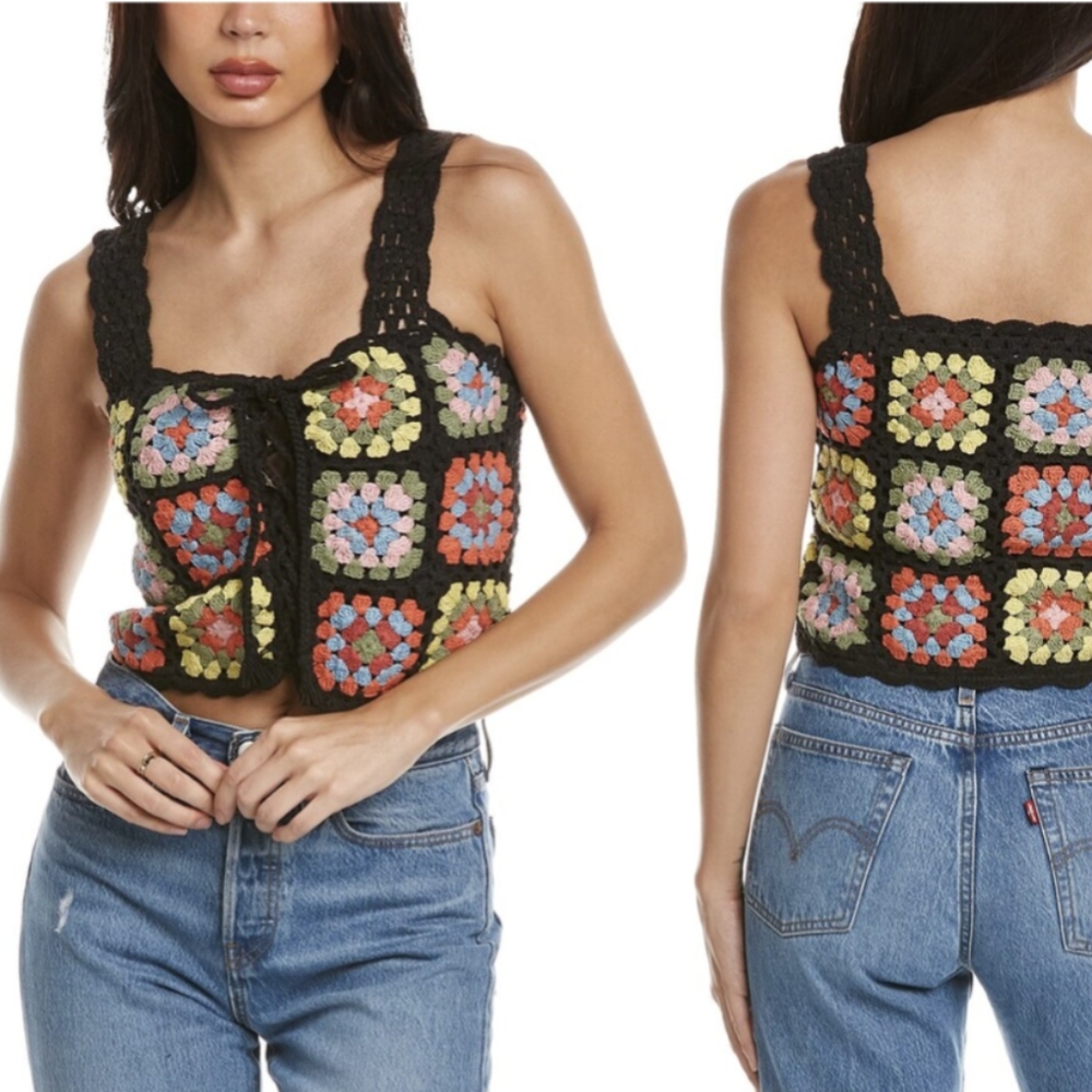 Walter Baker Tamara Patchwork Crochet Tank Small Black